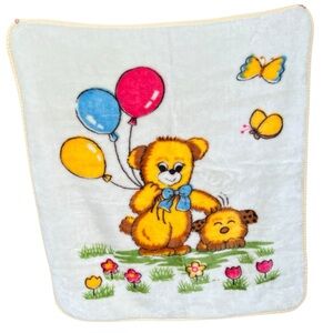 VTG Minky Baby Blanket Bear Puppy Balloons Butterflies Plush Kawaii Style 39x44